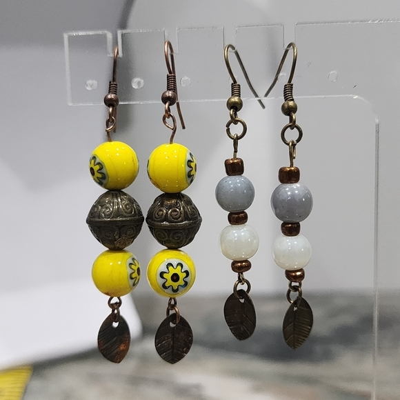 Boho Beaded Earring Bundle – Yellow Floral & Neutral Dangles 2" - Picture 1 of 6
